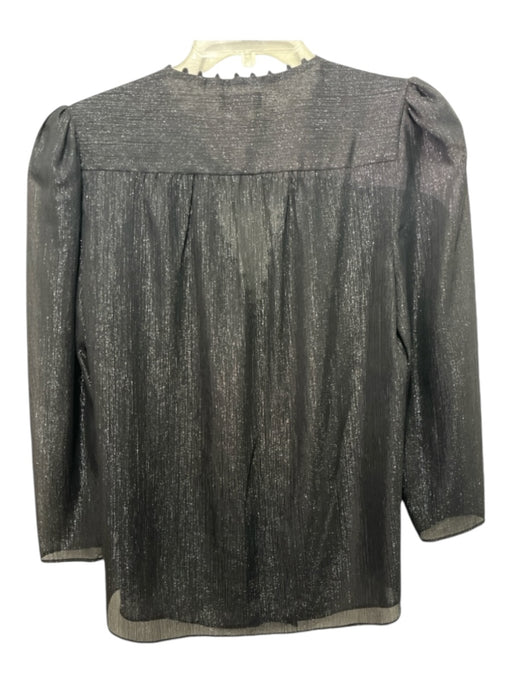 L'agence Size S/P Black Shimmer Polyester Button Up V Neck Puff Shoulder Top Black Shimmer / S/P