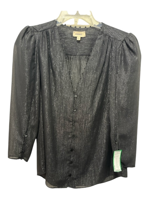 L'agence Size S/P Black Shimmer Polyester Button Up V Neck Puff Shoulder Top Black Shimmer / S/P