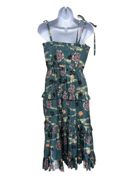 Ulla Johnson Size 6 Teal, Yellow, Purple Cotton Tie Straps Floral Pleated Dress Teal, Yellow, Purple / 6