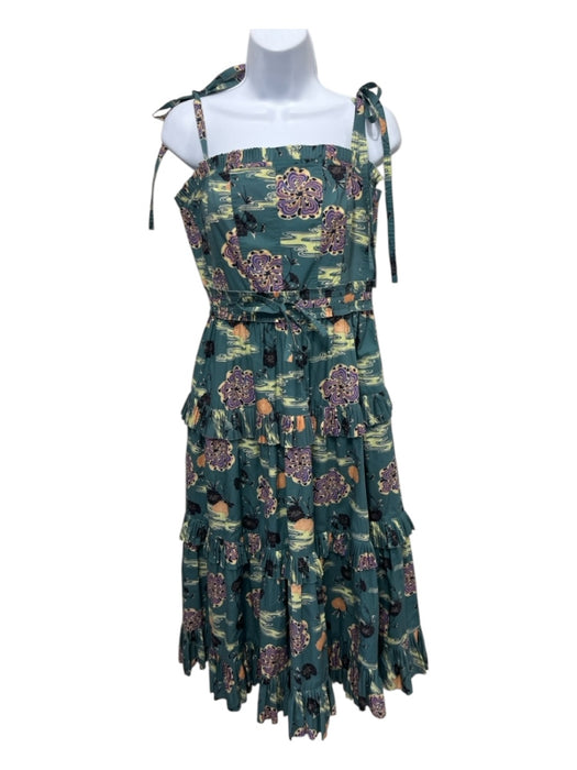 Ulla Johnson Size 6 Teal, Yellow, Purple Cotton Tie Straps Floral Pleated Dress Teal, Yellow, Purple / 6