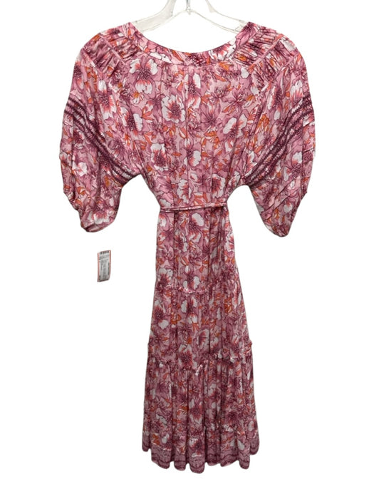 Poupette St. Barth Size L Pink & Orange Viscose Floral Short Puff Sleeve Dress Pink & Orange / L
