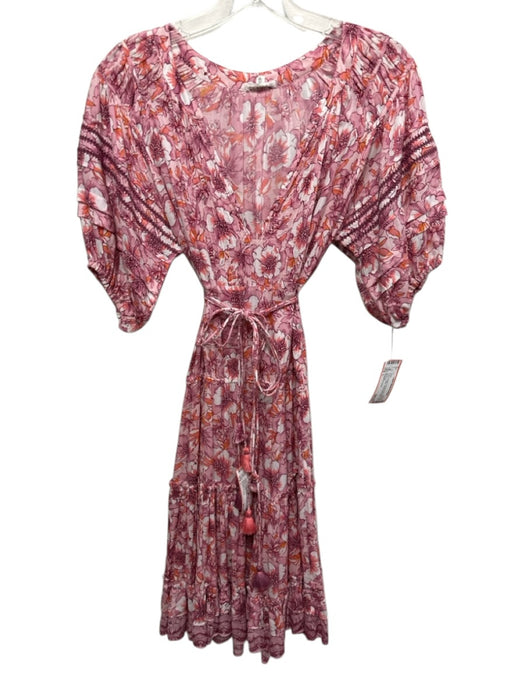 Poupette St. Barth Size L Pink & Orange Viscose Floral Short Puff Sleeve Dress Pink & Orange / L