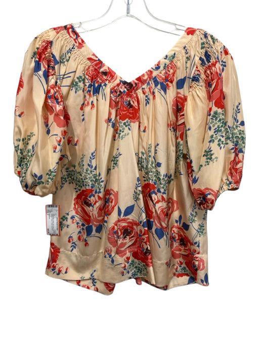 The Great Size 1 Peach, Red & Multi Silk Floral Short Puff Sleeve V Neck Top Peach, Red & Multi / 1