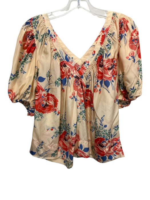 The Great Size 1 Peach, Red & Multi Silk Floral Short Puff Sleeve V Neck Top Peach, Red & Multi / 1