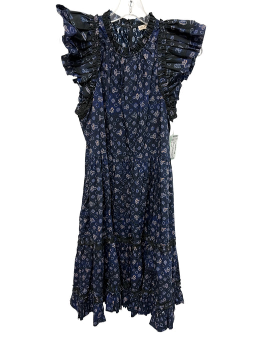 Ulla Johnson Size 6 Navy Cotton Ruffle Cap Sleeve All Over Print Pleats Dress Navy / 6