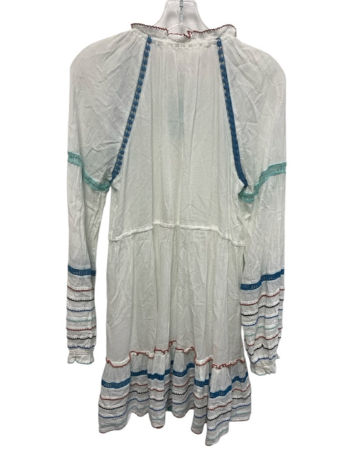 Veronica Beard Size M White & Multi Cotton Long Sleeve Tassles Split Neck Dress White & Multi / M
