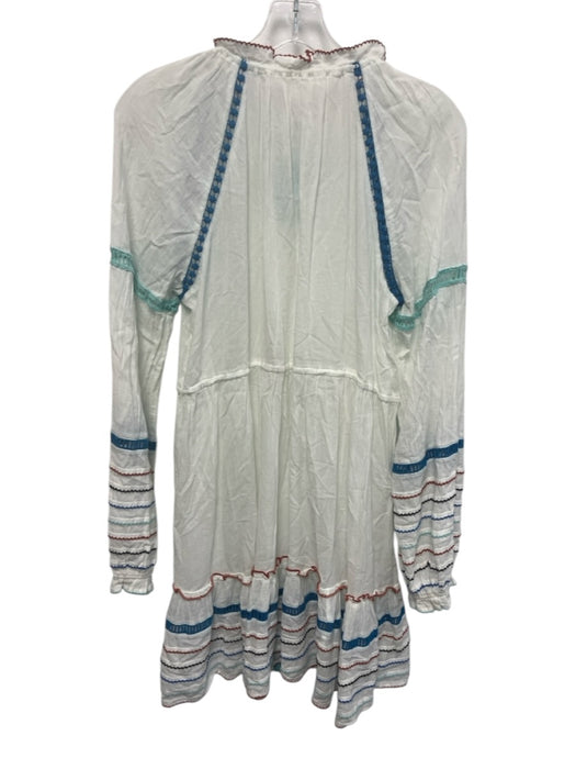 Veronica Beard Size M White & Multi Cotton Long Sleeve Tassles Split Neck Dress White & Multi / M
