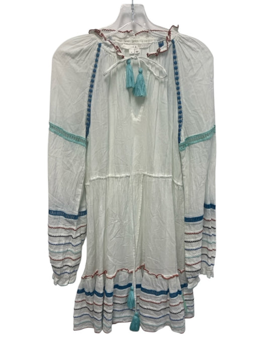 Veronica Beard Size M White & Multi Cotton Long Sleeve Tassles Split Neck Dress White & Multi / M