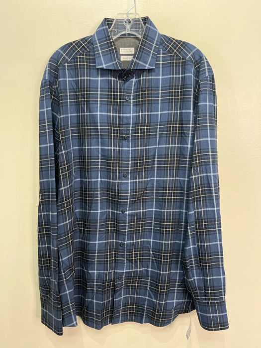 Brunello Cucinelli Size XXL Blue & White Cotton Plaid Men's Long Sleeve Shirt