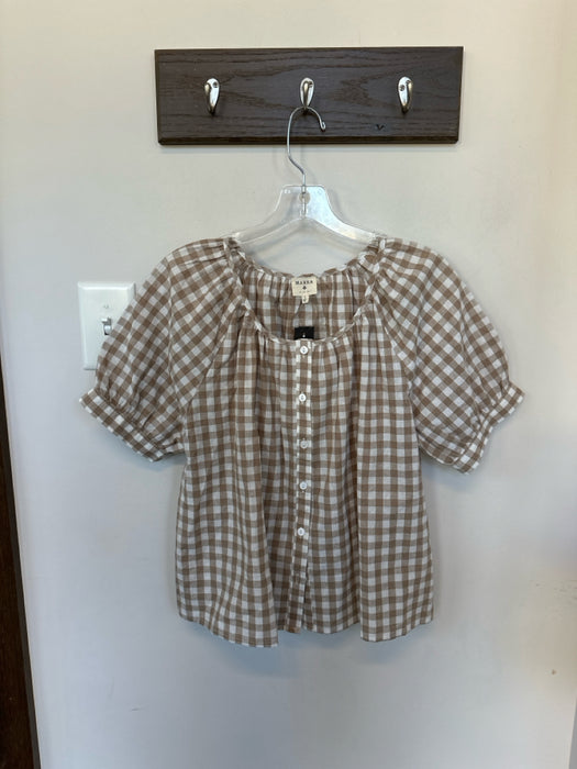 Marea Size S Tan & White Cotton Short Balloon Sleeve Checkered Button Down Top