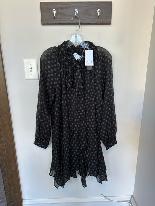 Misa Size S Black & Tan Polyester Long Balloon Sleeve Flowers Swiss Dot Dress