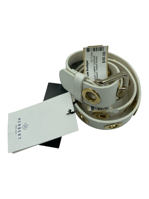 Herbert White & Gold Leather Grommet Detail Gold Hardware Square Buckle Belts White & Gold / 85 cm