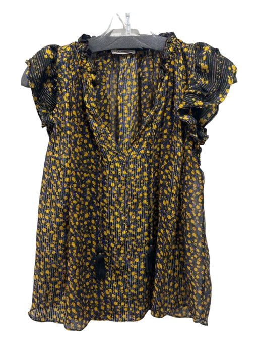 Ulla Johnson Size 0 Navy & Yellow Silk Blend Ruffle Cap Sleeve Floral V Neck Top Navy & Yellow / 0