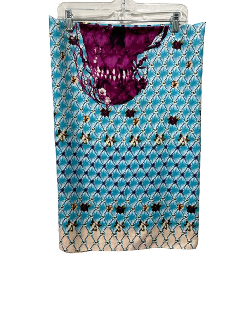 Beige & Blue Silk Square Lattice Skull Floral scarf Beige & Blue / L