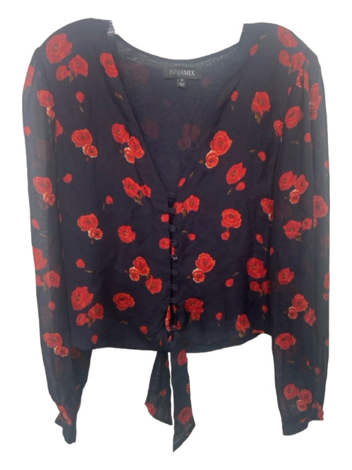 Intermix Size Medium Navy, Red, White Silk Long Sleeve Floral Button Front Top Navy, Red, White / Medium