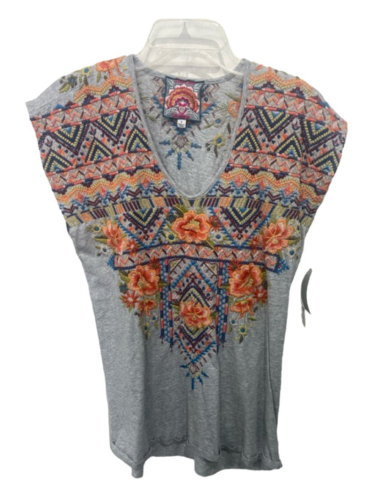 Johnny Was Size Small Gray & multi Cotton Embroidered Flowers U Neck Top Gray & multi / Small