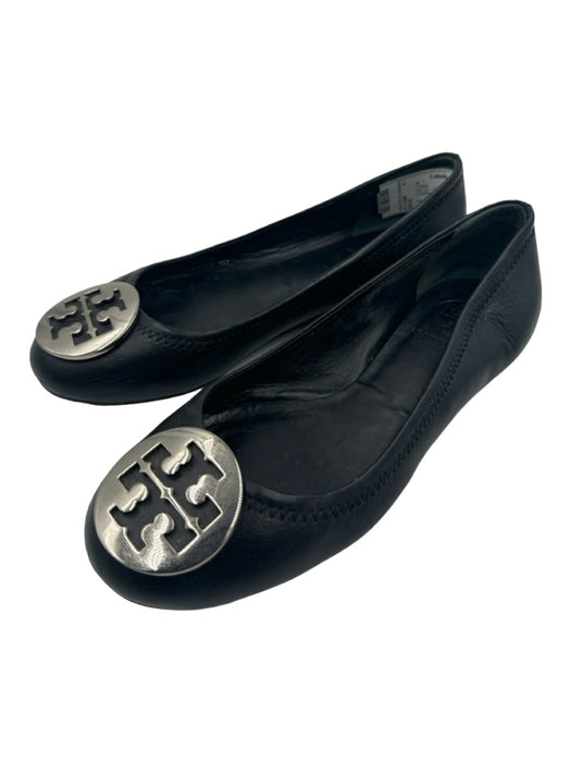 Tory Burch Shoe Size 6 Black & Silver Leather Logo Emblem Round Toe Flats Black & Silver / 6