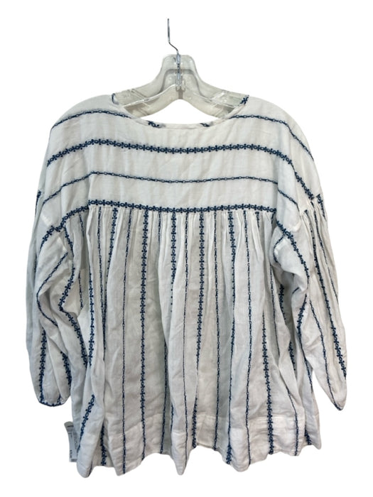 Nili Lotan Size S White & Blue Cotton Embroidered 1/2 Button 3/4 Sleeve Top White & Blue / S