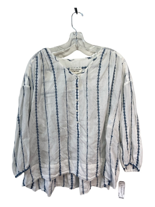 Nili Lotan Size S White & Blue Cotton Embroidered 1/2 Button 3/4 Sleeve Top White & Blue / S