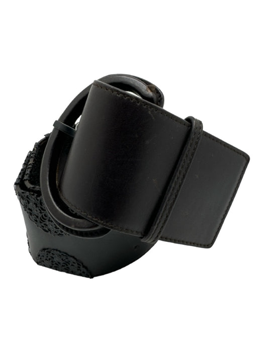Oscar De La Renta Black Leather Buckle Metal Accent Wide Belts Black / 75 cm