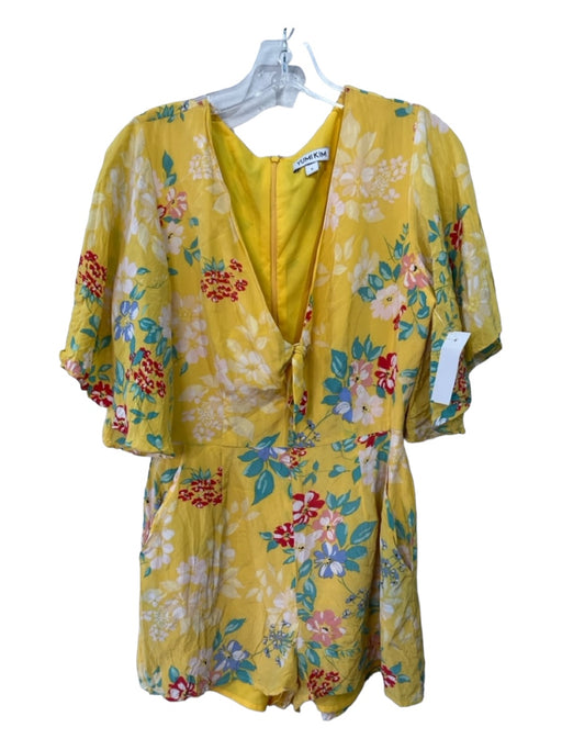 Yumi Kim Size S Yellow & Multi Silk Floral Deep V Tie Front Romper Yellow & Multi / S