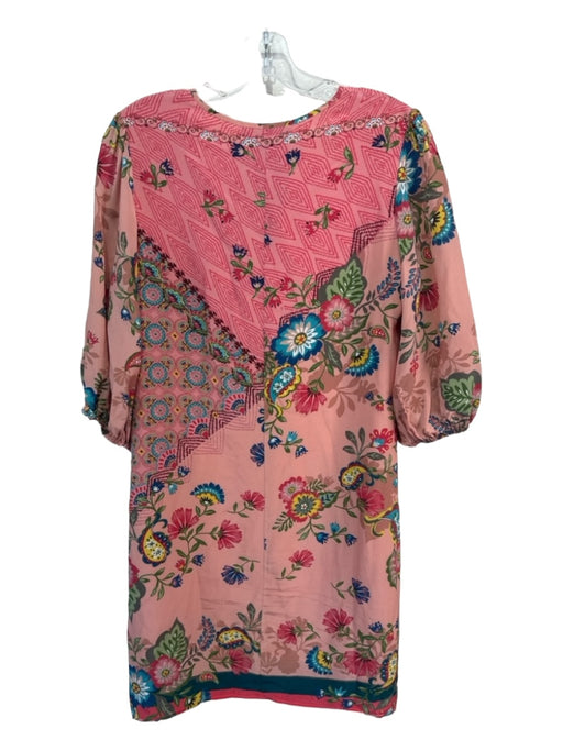 Johnny Was Size XS Pink & Multi Silk Floral Paisley Round Split Neck Shift Dress Pink & Multi / XS