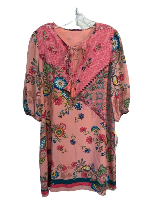 Johnny Was Size XS Pink & Multi Silk Floral Paisley Round Split Neck Shift Dress Pink & Multi / XS