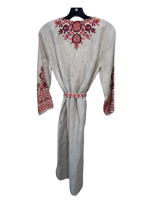 Johnny Was Size XS Gray & Red Linen Floral Embroidered V Neck Long Sleeve Dress Gray & Red / XS