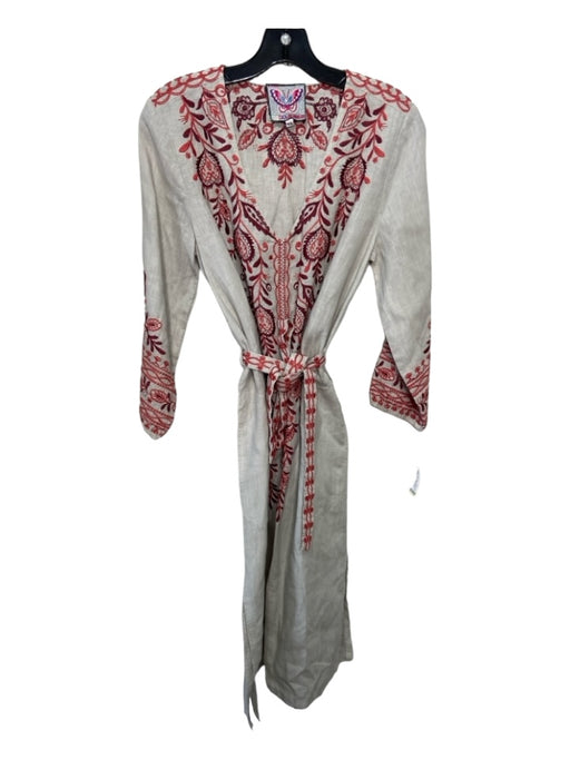 Johnny Was Size XS Gray & Red Linen Floral Embroidered V Neck Long Sleeve Dress Gray & Red / XS