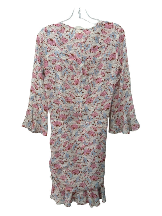 Veronica Beard Size S/M Pink, Blue, Cream Silk Long Sleeve Floral Ruched Dress Pink, Blue, Cream / S/M