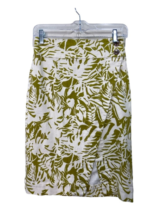 Maeve Size 0 White & Chartreuse Cotton Blend High Rise Leaves Pencil Skirt White & Chartreuse / 0