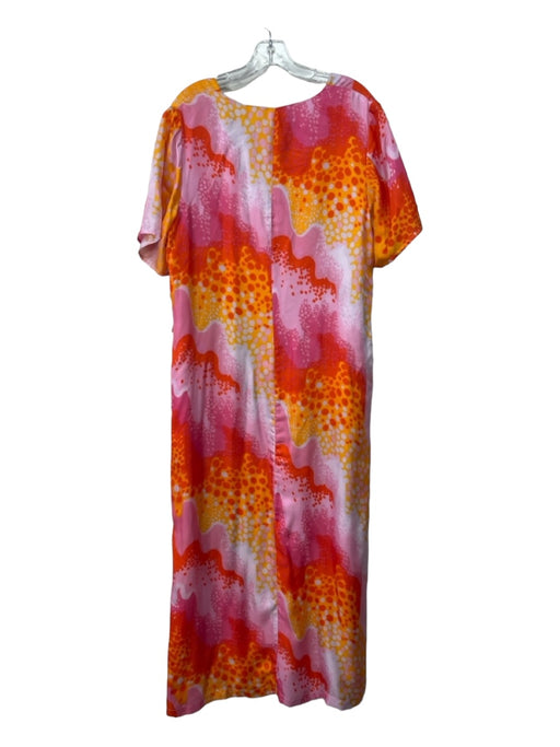 Vilagallo Size 50 Pink, Red, Orange Silk Short Sleeve Abstract Print Maxi Dress Pink, Red, Orange / 50