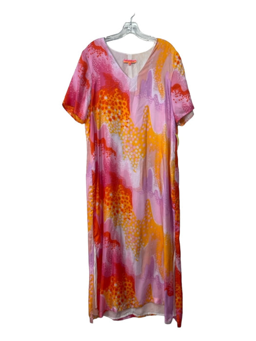 Vilagallo Size 50 Pink, Red, Orange Silk Short Sleeve Abstract Print Maxi Dress Pink, Red, Orange / 50