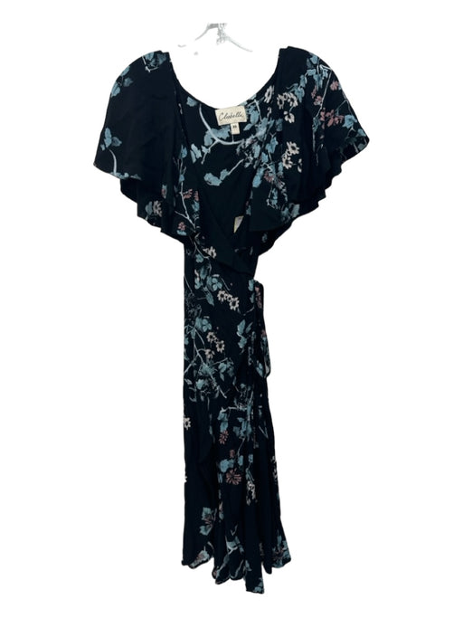 Cleobella Size XS Black, Blue, Pink Viscose Flutter Sleeves Floral Wrap Dress Black, Blue, Pink / XS