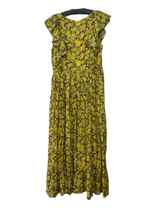 RANNA GILL Size Small Yellow, Brown, Green Rayon Ruffle Cap Sleeve Floral Dress Yellow, Brown, Green / Small