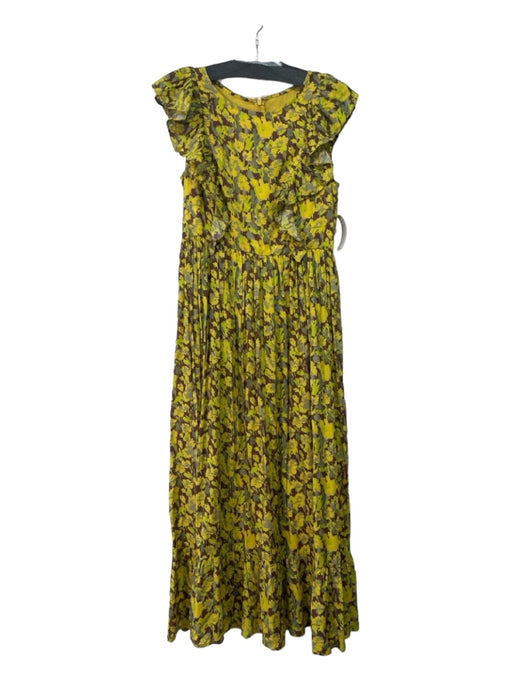 RANNA GILL Size Small Yellow, Brown, Green Rayon Ruffle Cap Sleeve Floral Dress Yellow, Brown, Green / Small