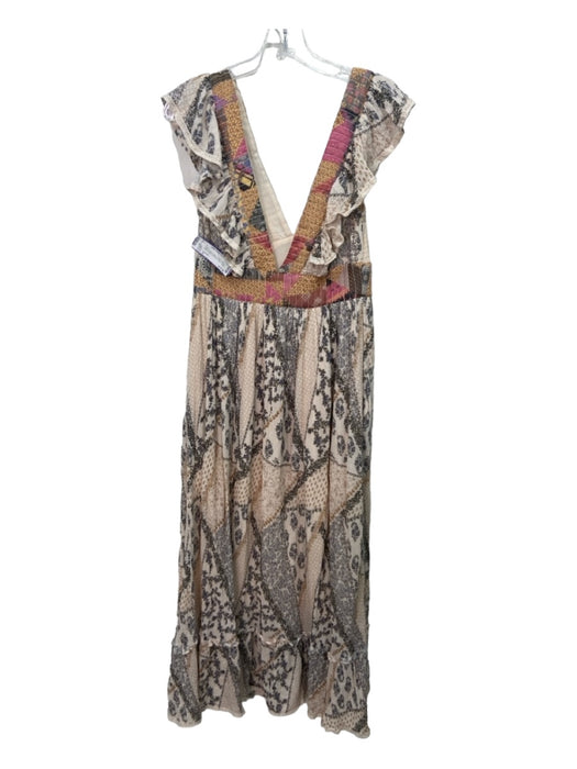 Let Me Be Size S Beige & Multi Cotton Floral V Neck & Back Maxi Dress Beige & Multi / S