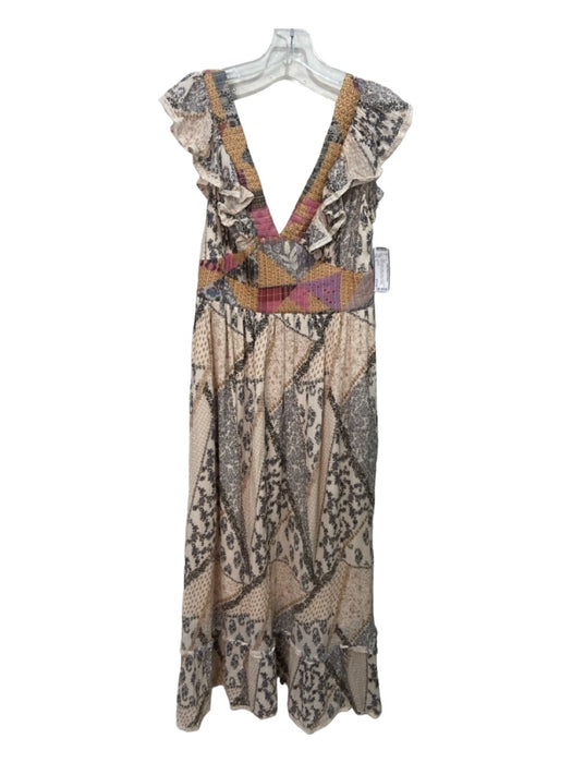 Let Me Be Size S Beige & Multi Cotton Floral V Neck & Back Maxi Dress Beige & Multi / S