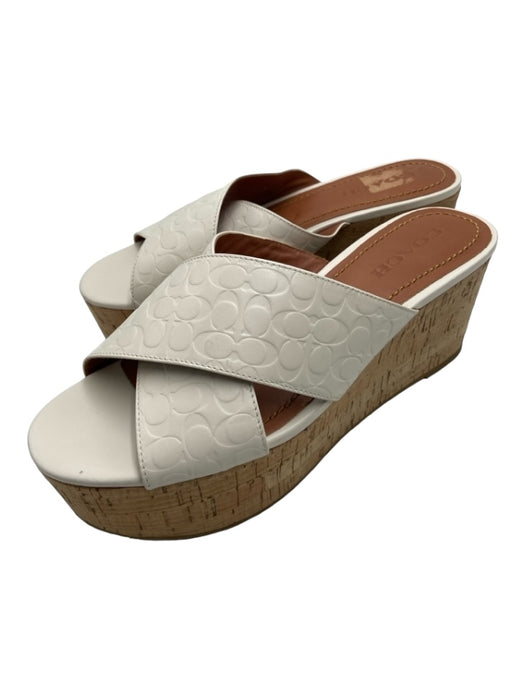 Coach Shoe Size 8.5 White & Beige Leather Monogram Criss Cross Cork Sole Wedges White & Beige / 8.5