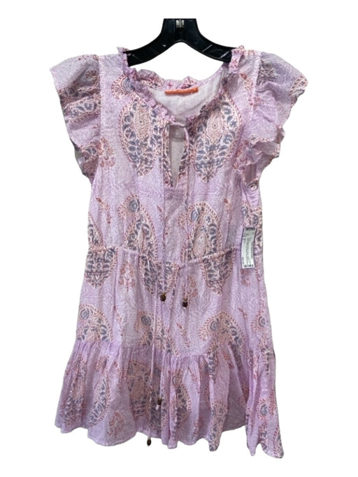 Oliphant Size S Purple Blue & White Cotton Paisley V Neck Drawstring Waist Dress Purple Blue & White / S