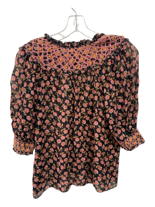 Saylor Size M Black & Pink Viscose Floral Metallic Thread Long Sleeve Top Black & Pink / M