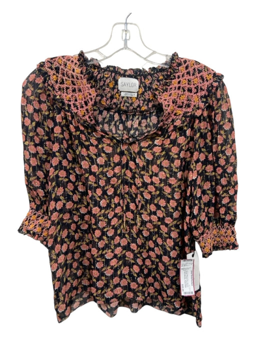 Saylor Size M Black & Pink Viscose Floral Metallic Thread Long Sleeve Top Black & Pink / M