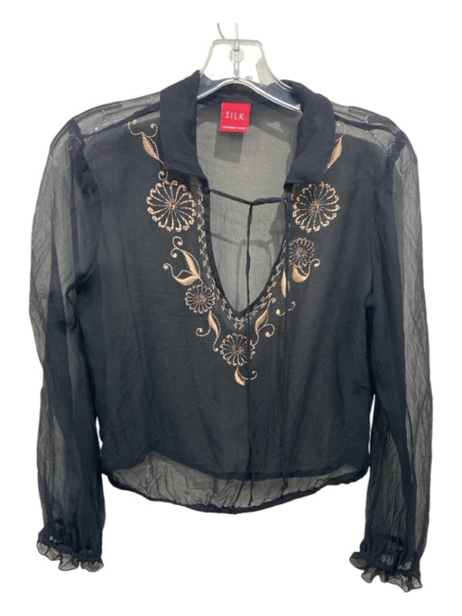 Johnny Was Size S Black & Beige Silk Embroidered Sheer V Neck Long Sleeve Top Black & Beige / S