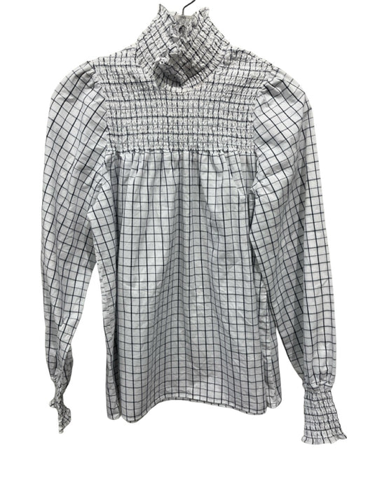 Vilagallo Size 44 White & Black Cotton Windowpane Smocked Yolk Mock Neck Top White & Black / 44