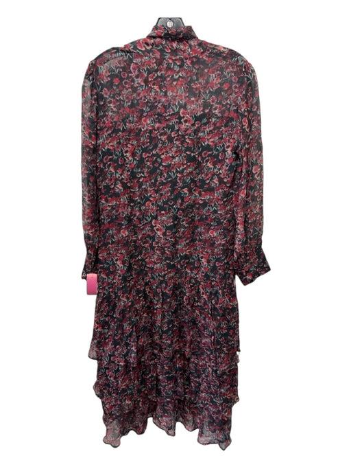 Amour Vert Size XS Red & Black Print Viscose Tie Neck Floral Long Sleeve Dress Red & Black Print / XS