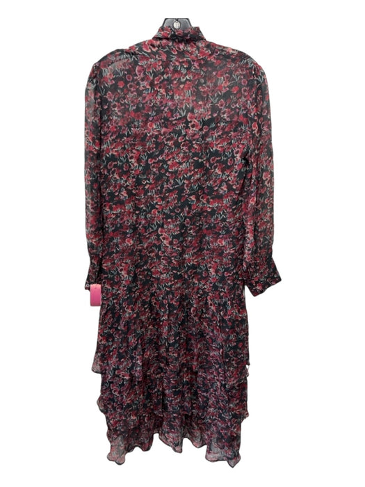 Amour Vert Size XS Red & Black Print Viscose Tie Neck Floral Long Sleeve Dress Red & Black Print / XS