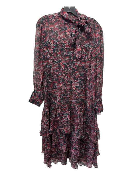 Amour Vert Size XS Red & Black Print Viscose Tie Neck Floral Long Sleeve Dress Red & Black Print / XS