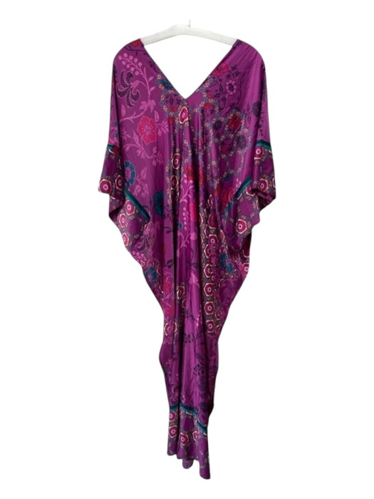 Natori Size L Purple, Green, Yellow Polyester Drop Shoulder V Neck Kaftan Dress Purple, Green, Yellow / L