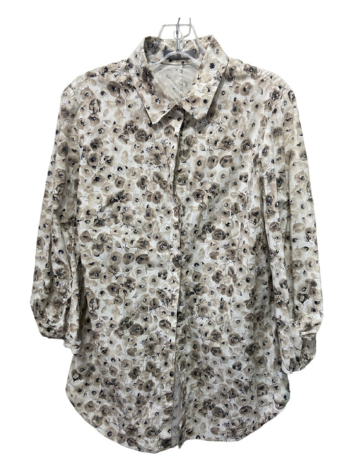 Lela Rose Size 10 Brown, Black & White Cotton Floral Button Up 3/4 Sleeve Top Brown, Black & White / 10