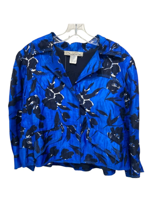 Oscar De La Renta Size 10 Blue & Black Silk & Cotton Floral Cropped Jacket Blue & Black / 10